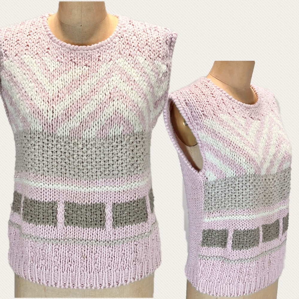 VINTAGE 80s pastel chunky knit sweater vest sleeveless geometric striped chevron